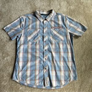 Harley Davidson Men's Short Sleeve Button Up Shirt Large Blue White Stripe Logo